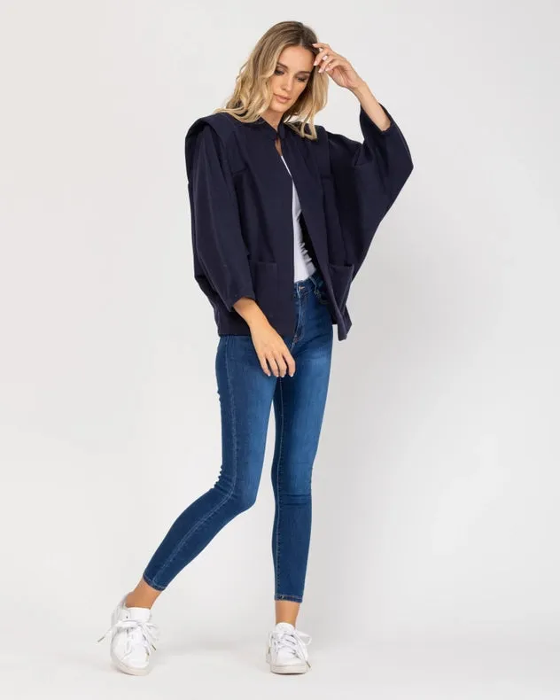 Oversized Long Sleeve Open Jacket With Front Pocket Navy