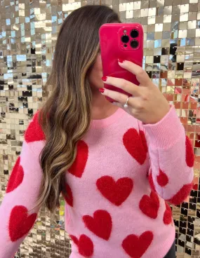 Pink & Red Hearts Fuzzy Sweater by Simply Southern