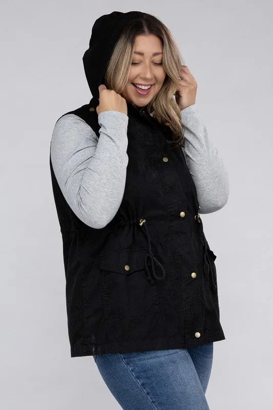 Plus Drawstring Waist Military Hoodie Vest