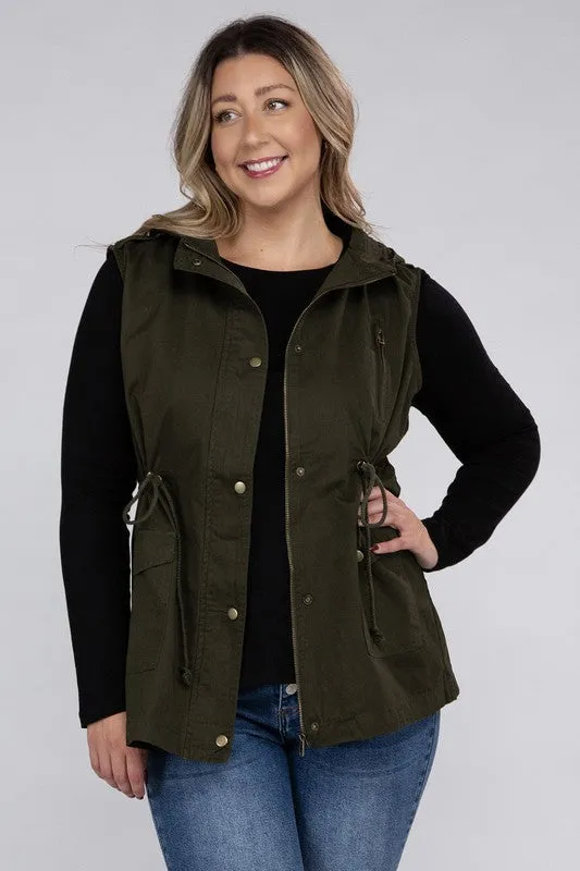 Plus Drawstring Waist Military Hoodie Vest