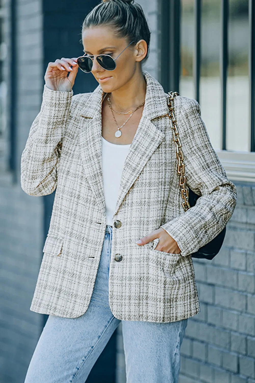 Pockets Lapel Collar Plaid Blazer