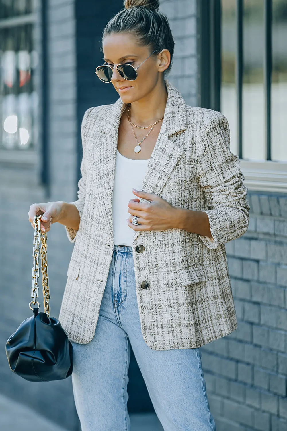 Pockets Lapel Collar Plaid Blazer