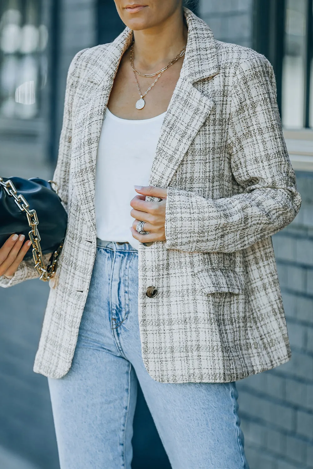 Pockets Lapel Collar Plaid Blazer