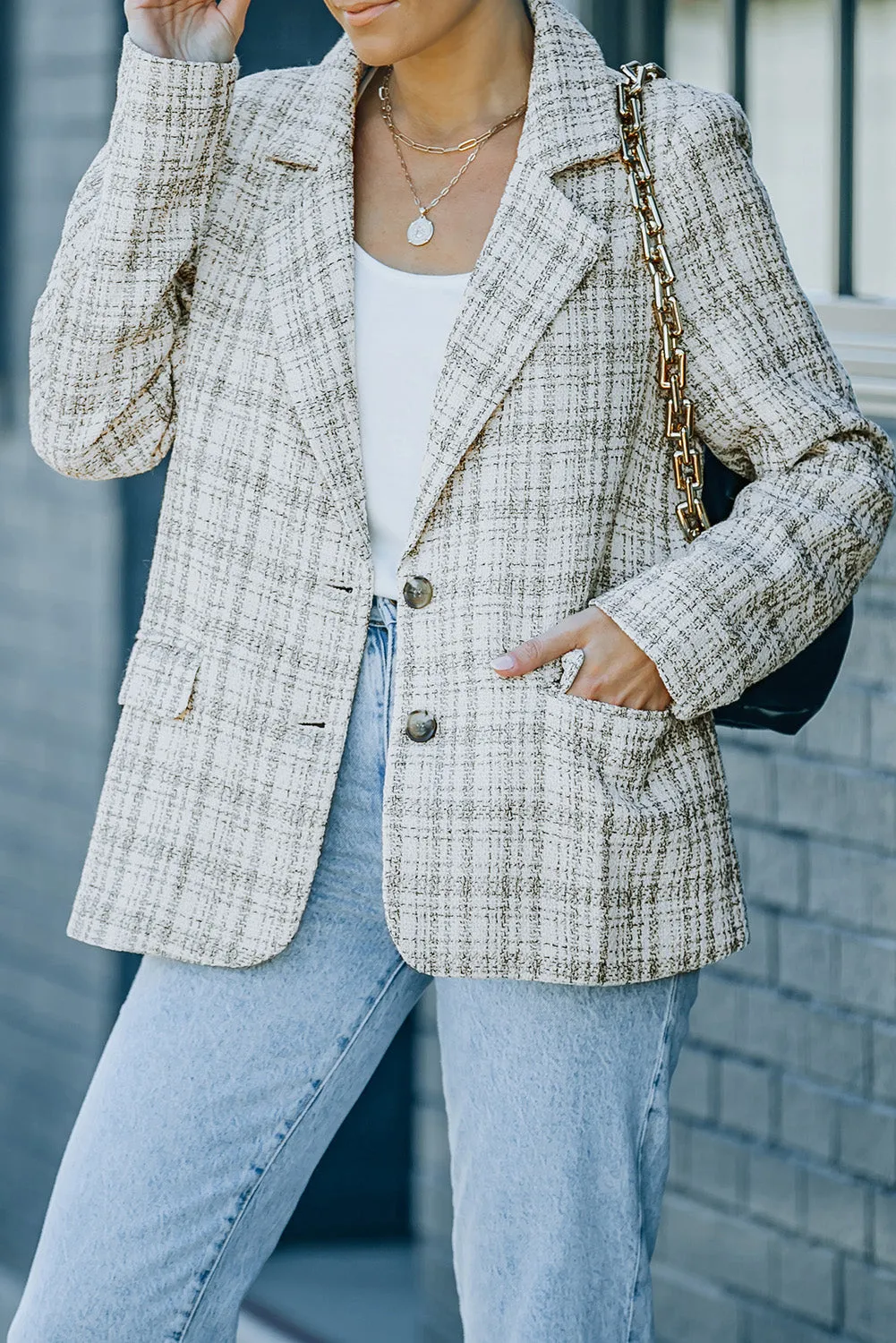 Pockets Lapel Collar Plaid Blazer