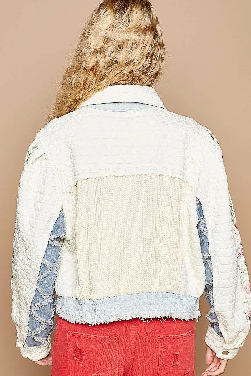 POL Embroidered Sleeve Raw Edge Quilted Jacket