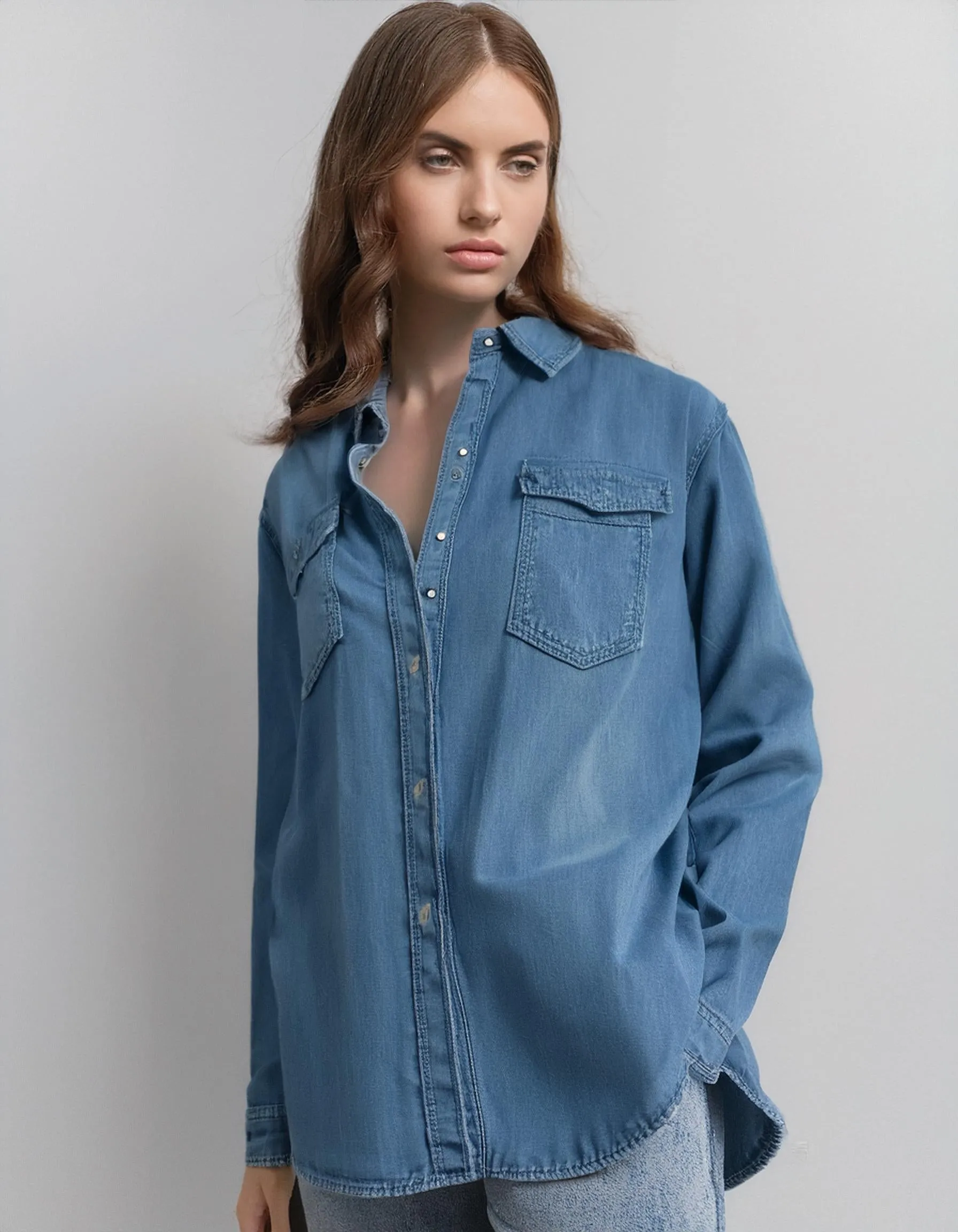 Relaxed Fit Medium Wash Denim Shirt