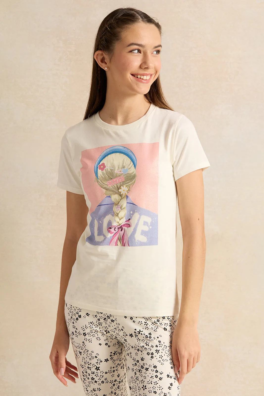 Senior Girls White Printed  T-Shirt