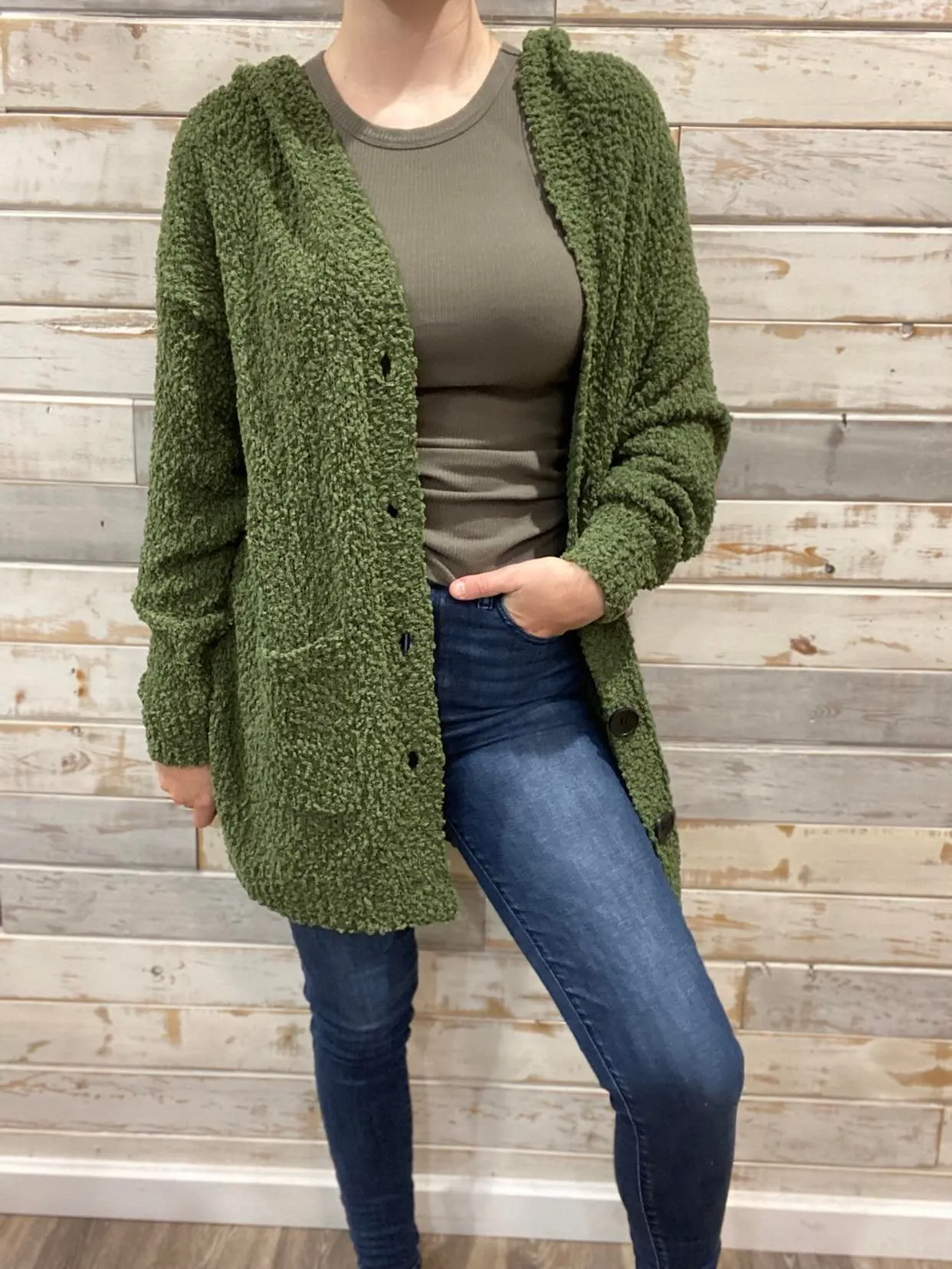 Soft Hooded Cardigan - Olive