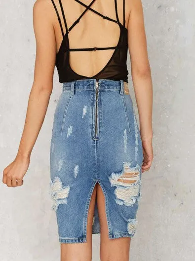 Summer Fashion Women's High Waist Ripped Denim Skirt