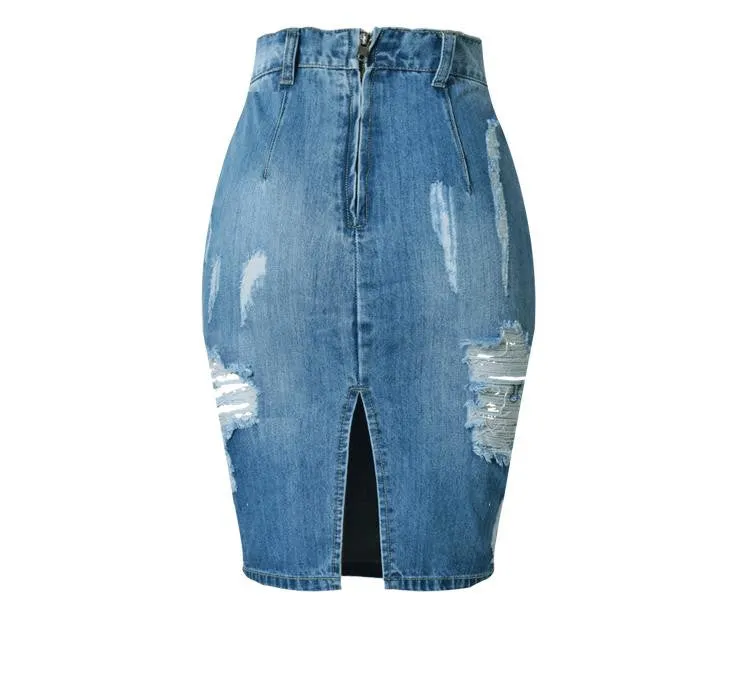 Summer Fashion Women's High Waist Ripped Denim Skirt