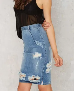 Summer Fashion Women's High Waist Ripped Denim Skirt