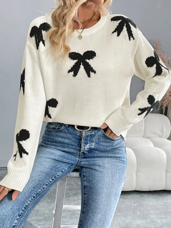 Trendy Bow Print Knit Sweater for Cozy Fall Vibes