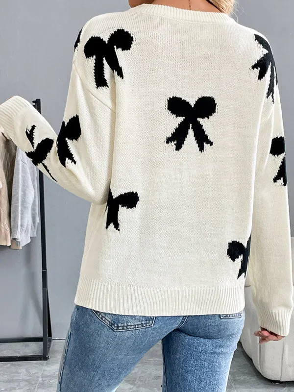 Trendy Bow Print Knit Sweater for Cozy Fall Vibes