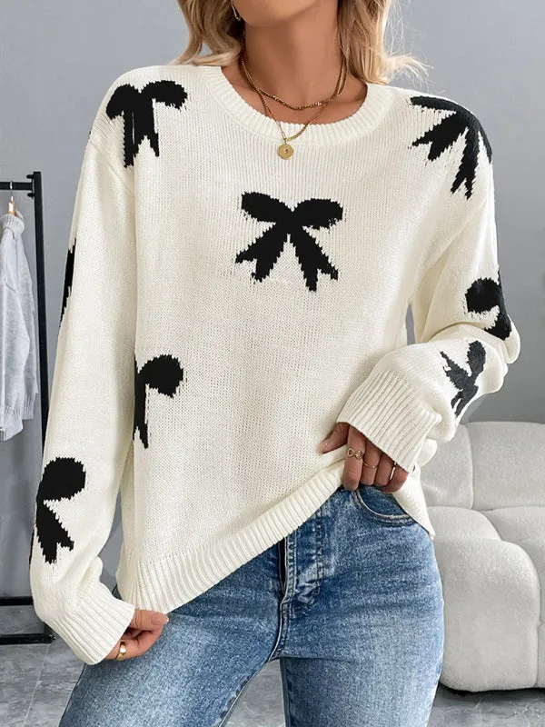 Trendy Bow Print Knit Sweater for Cozy Fall Vibes