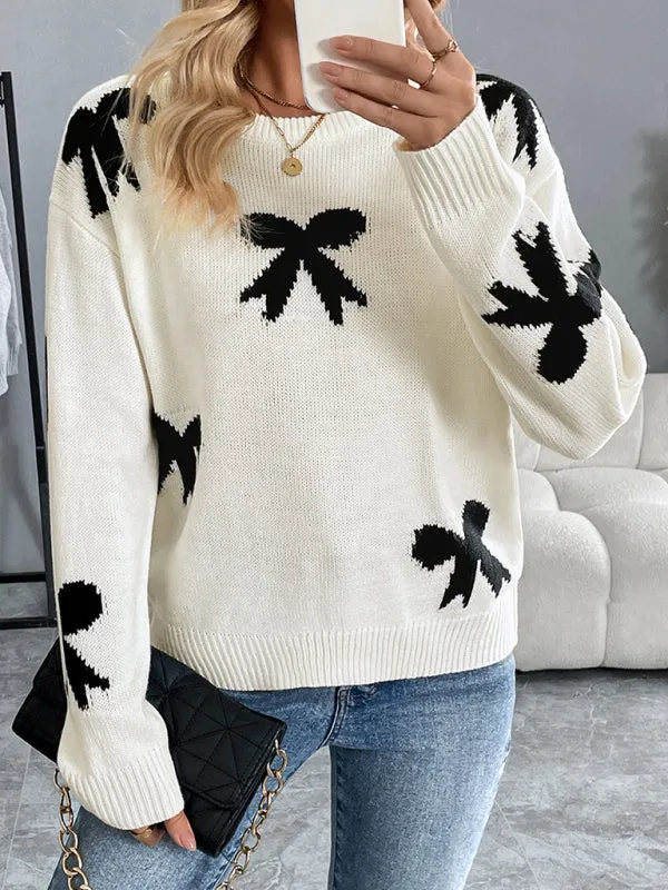 Trendy Bow Print Knit Sweater for Cozy Fall Vibes