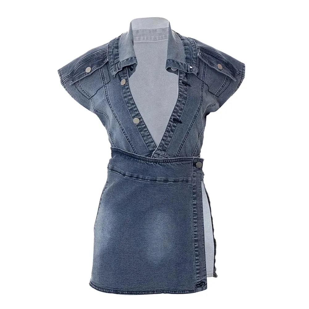 Turn-Down Collar Top Side Slit Skirt 2PCS Denim Set