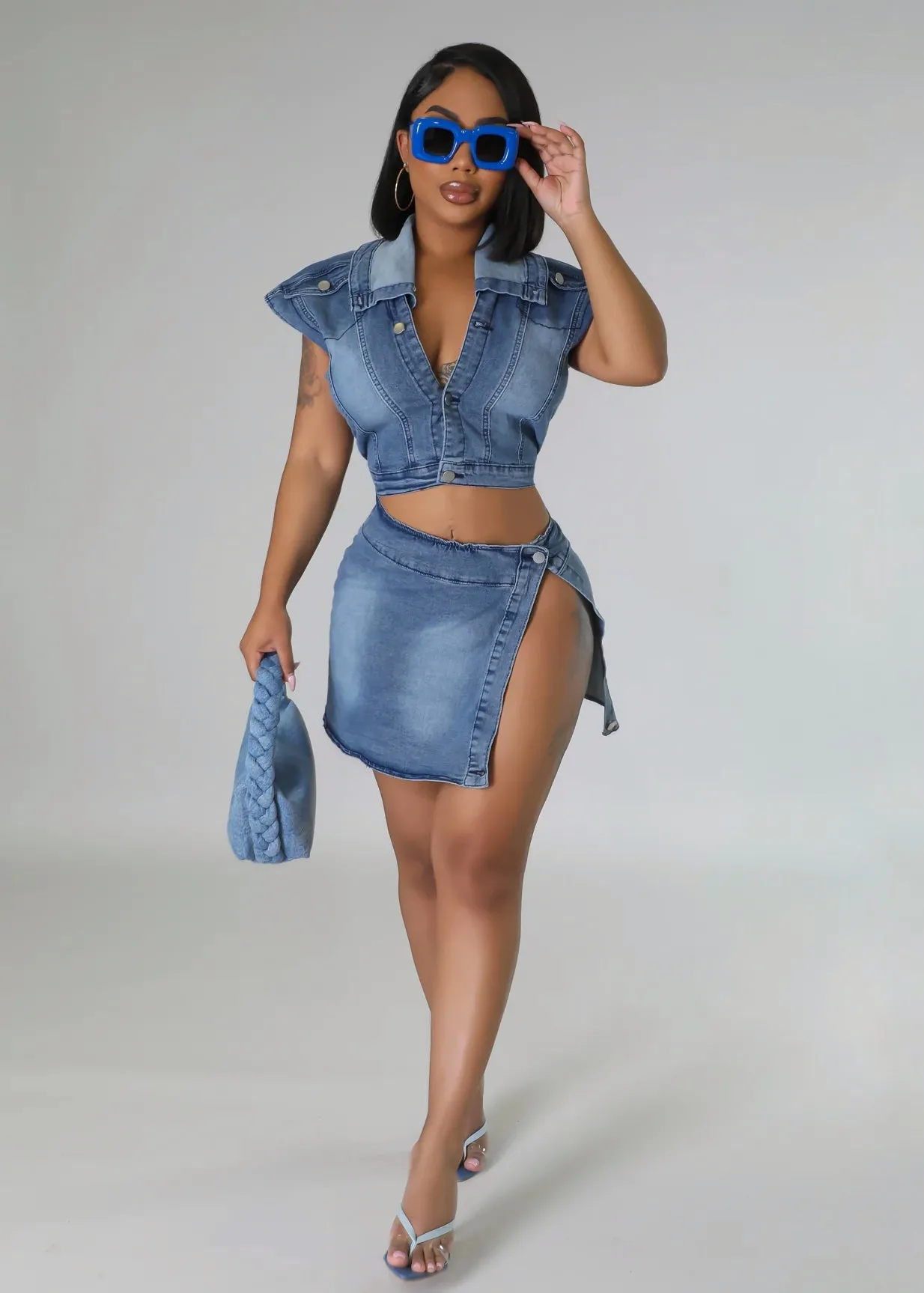 Turn-Down Collar Top Side Slit Skirt 2PCS Denim Set