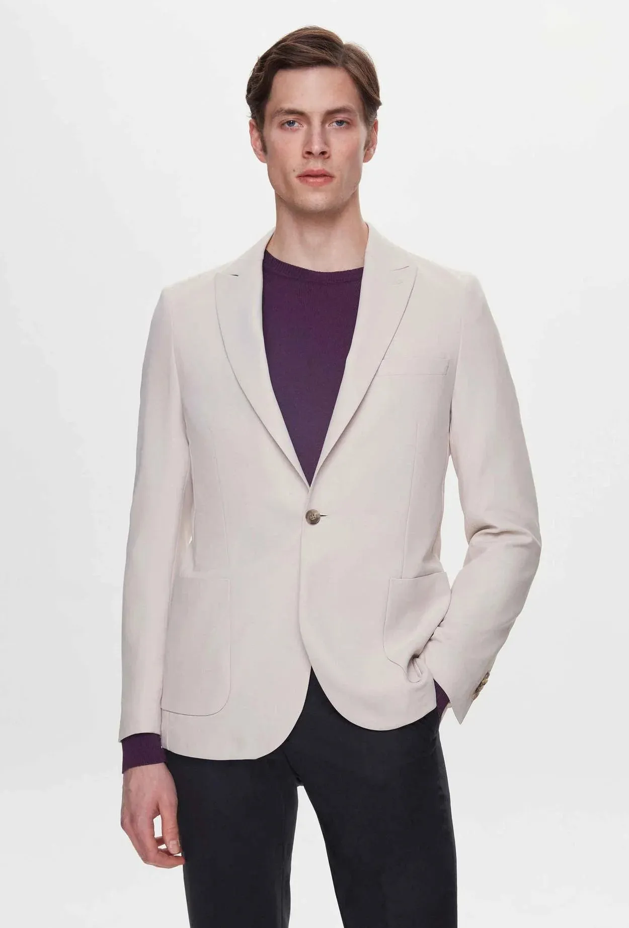 Twn Slim Fit Beige Dobby Fabric Jacket