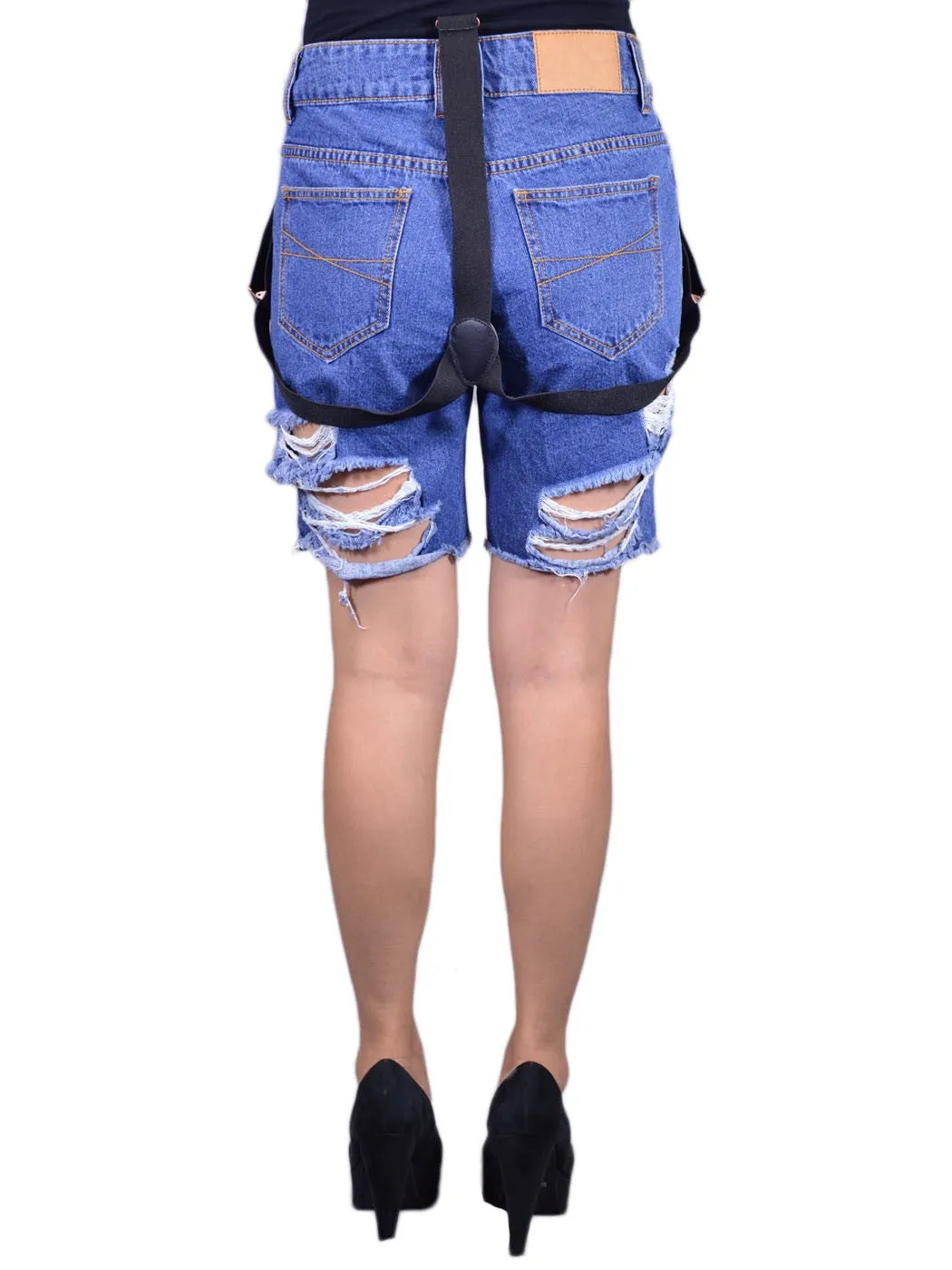 Uniq Stylist Urban Destroyed Ripped Bermuda Suspender Button Fly Denim Shorts