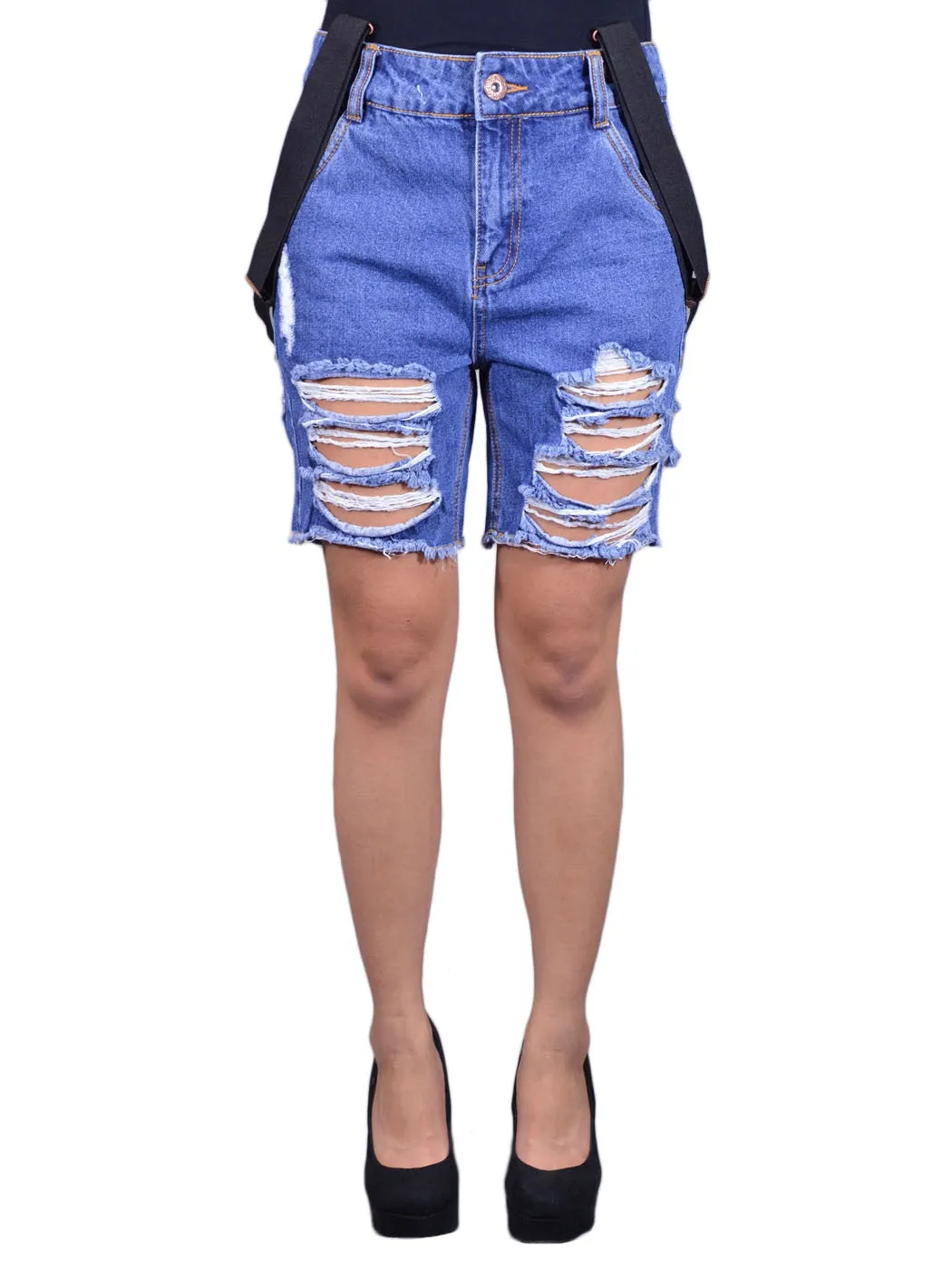 Uniq Stylist Urban Destroyed Ripped Bermuda Suspender Button Fly Denim Shorts