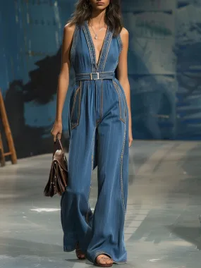 V-Neck Casual Retro Contrast Color Horizontal Seam Wide-Leg Denim Jumpsuit