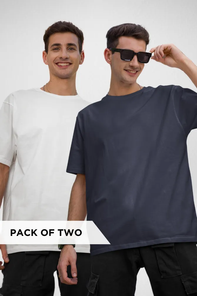 White and Navy Blue Oversized T-Shirts Combo for Men