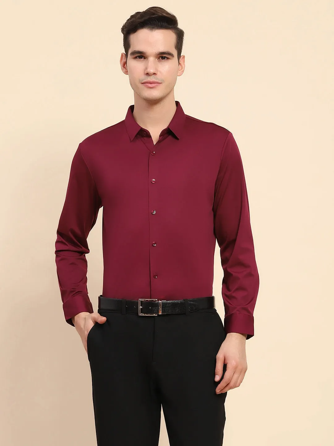 Wine Nylon Blend Solid Formal Shirt