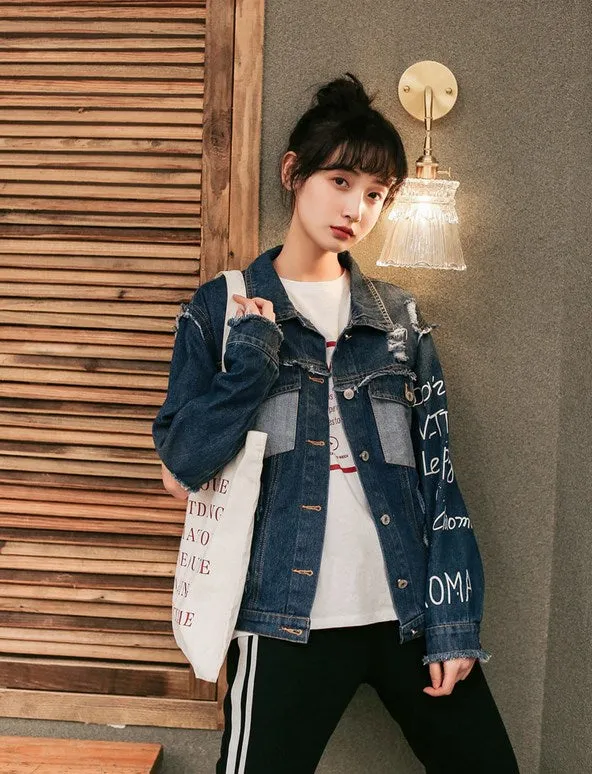 Women's Spring Casual Washed Hole Denim Jacket