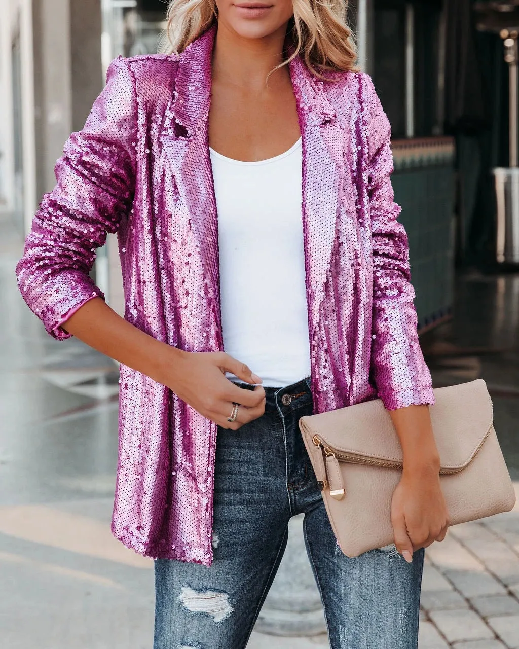 Women's Spring Fashionable Sequins Lapel Casual Coats