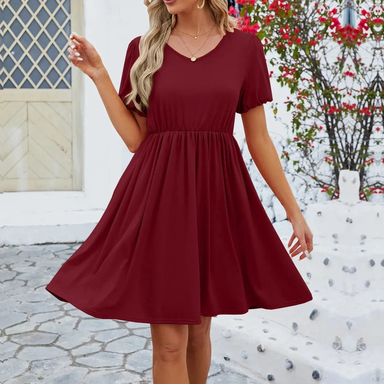 Women's Summer Casual Short Sleeve A-Line Flowy Pleated Mini Dress