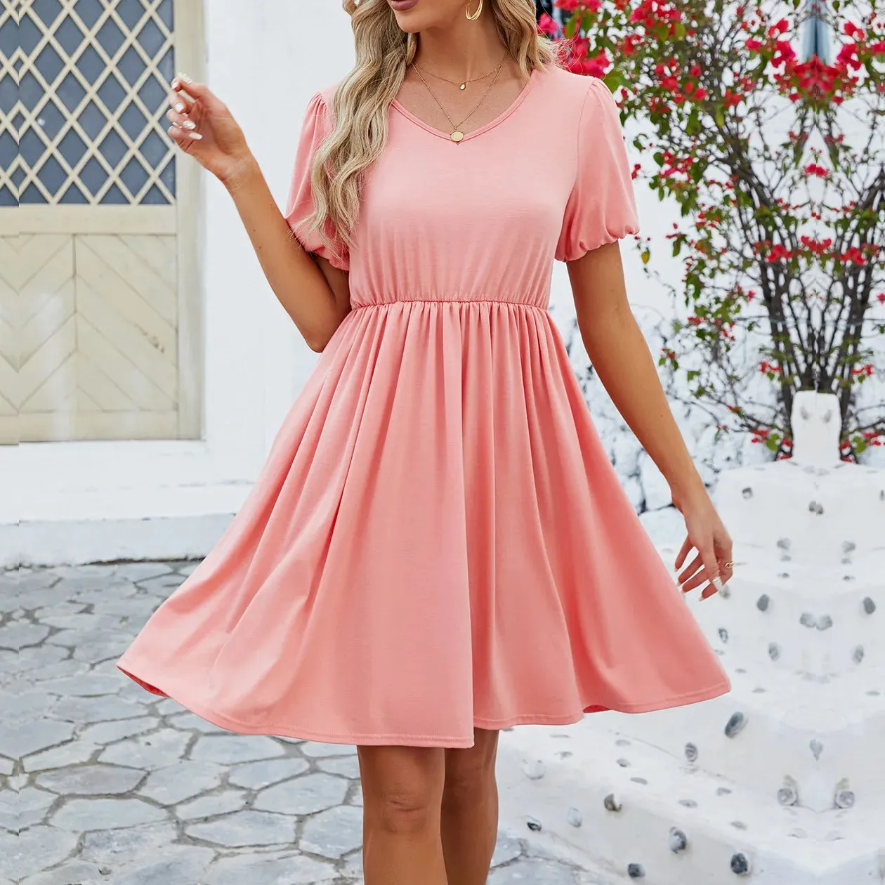 Women's Summer Casual Short Sleeve A-Line Flowy Pleated Mini Dress