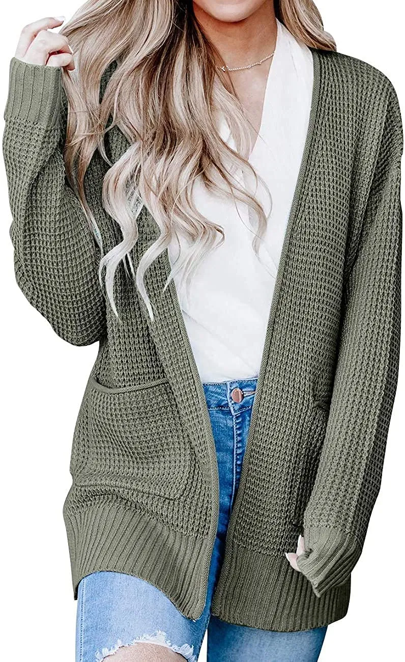 ZESICA Long Sleeve Open Front Waffle Knit Sweater Cardigan