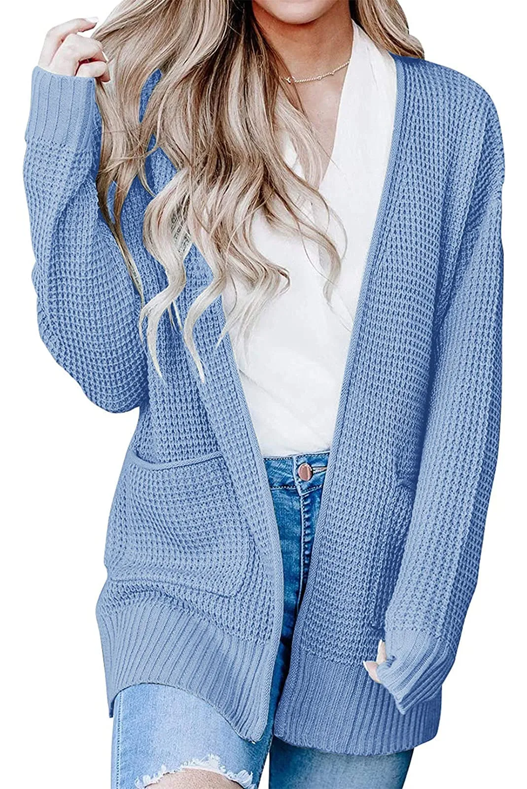 ZESICA Long Sleeve Open Front Waffle Knit Sweater Cardigan