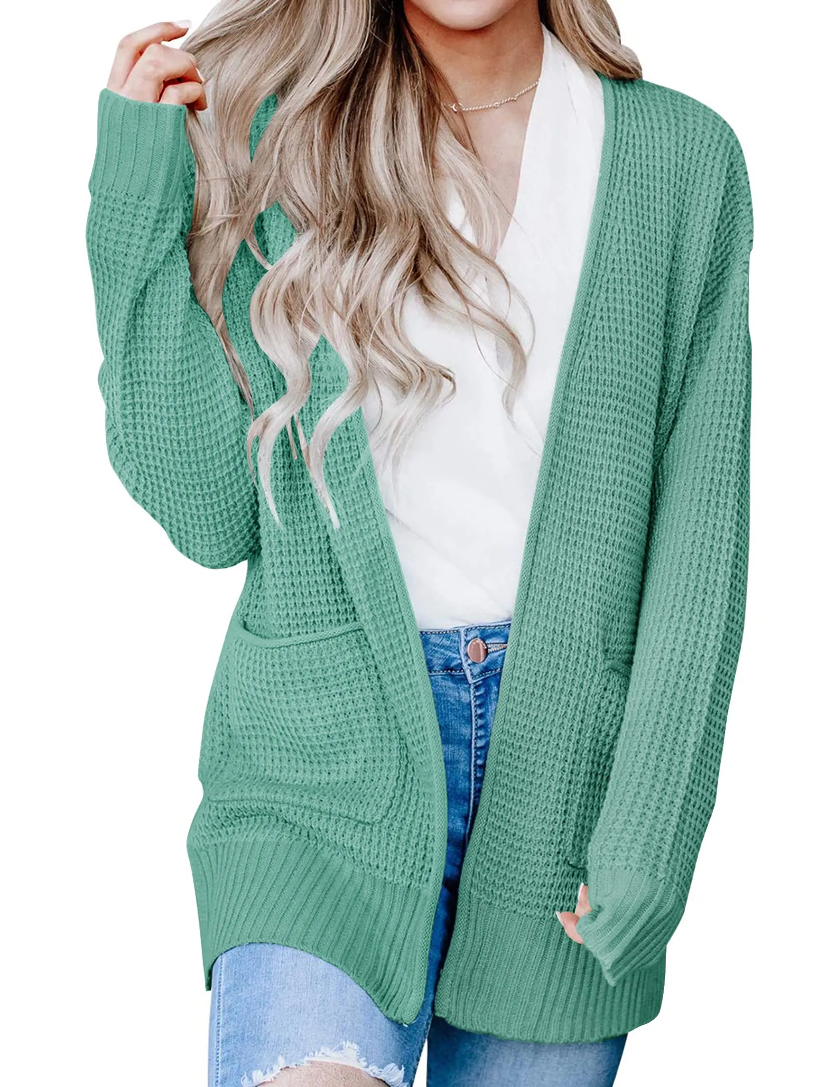 ZESICA Long Sleeve Open Front Waffle Knit Sweater Cardigan