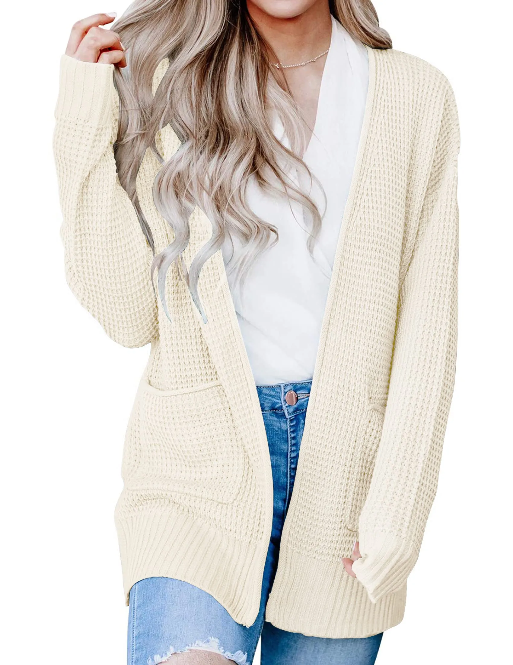 ZESICA Long Sleeve Open Front Waffle Knit Sweater Cardigan