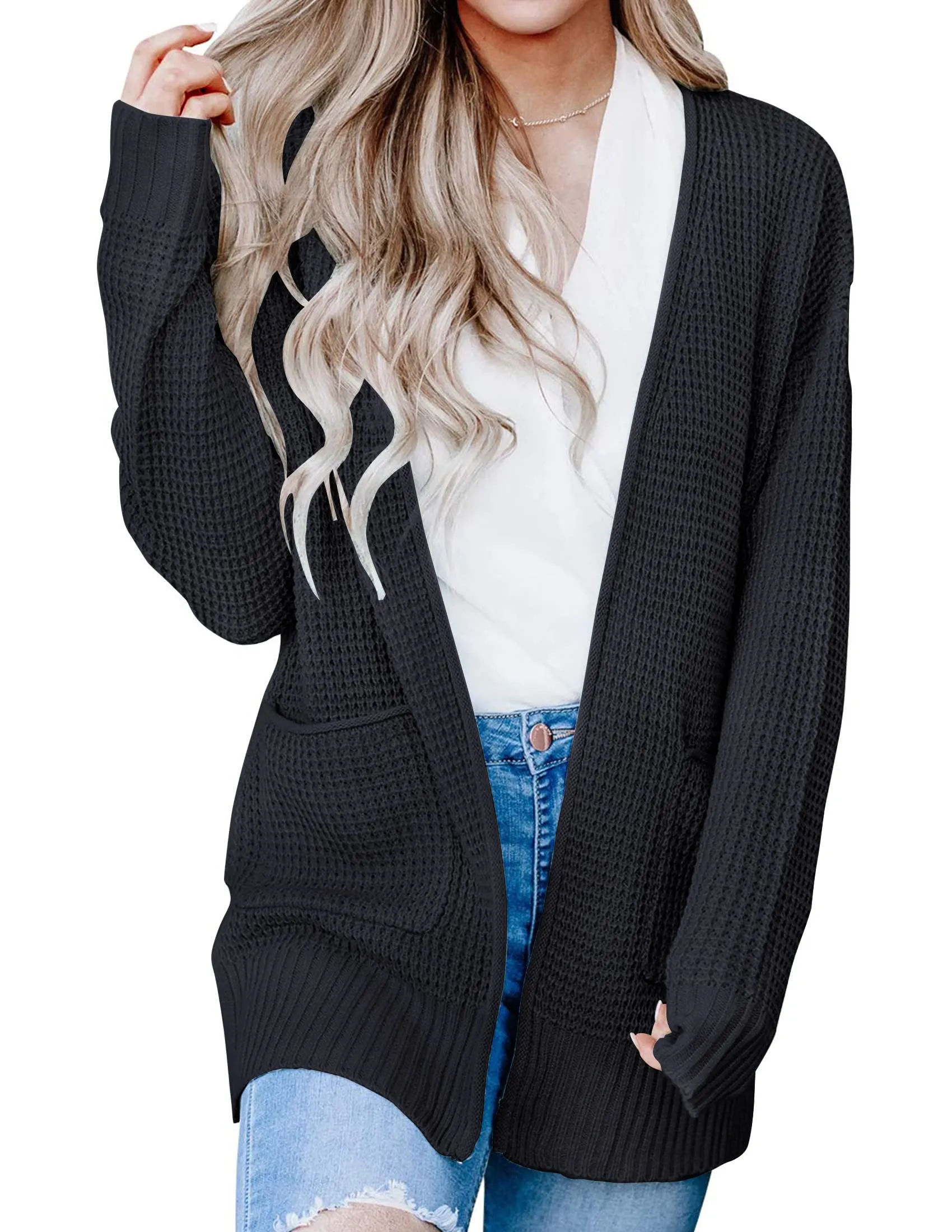 ZESICA Long Sleeve Open Front Waffle Knit Sweater Cardigan