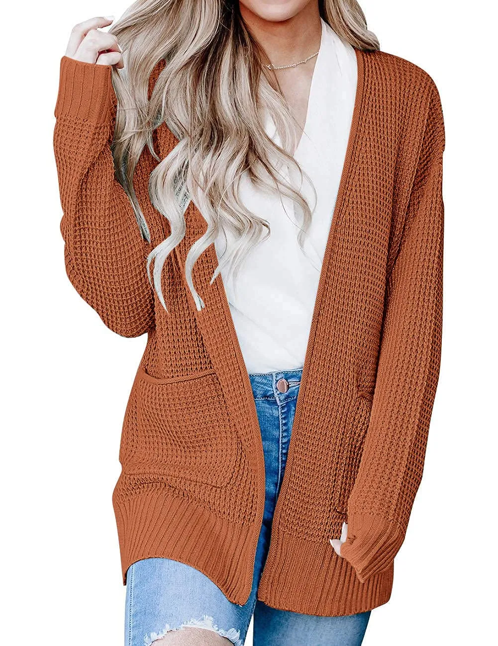 ZESICA Long Sleeve Open Front Waffle Knit Sweater Cardigan