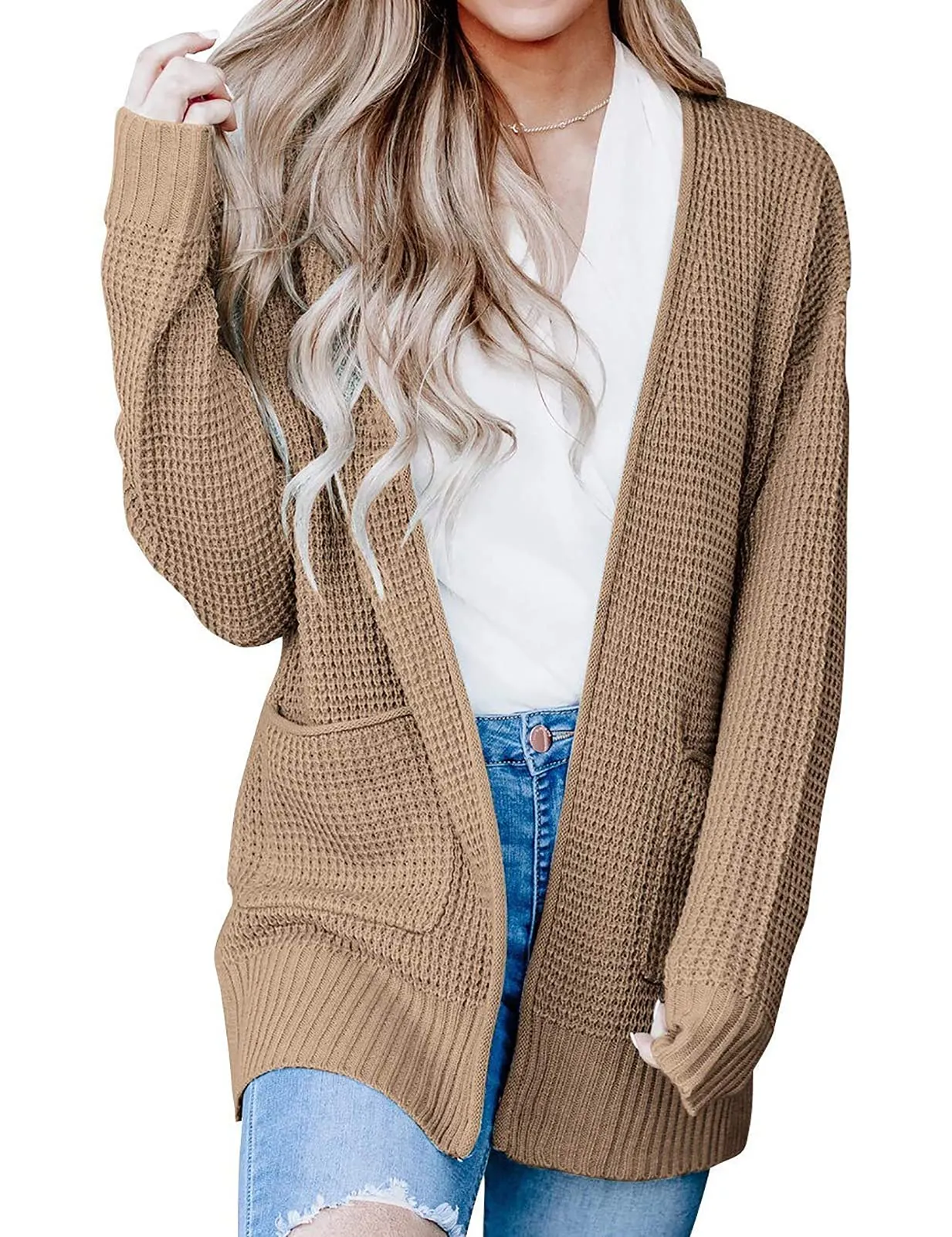 ZESICA Long Sleeve Open Front Waffle Knit Sweater Cardigan