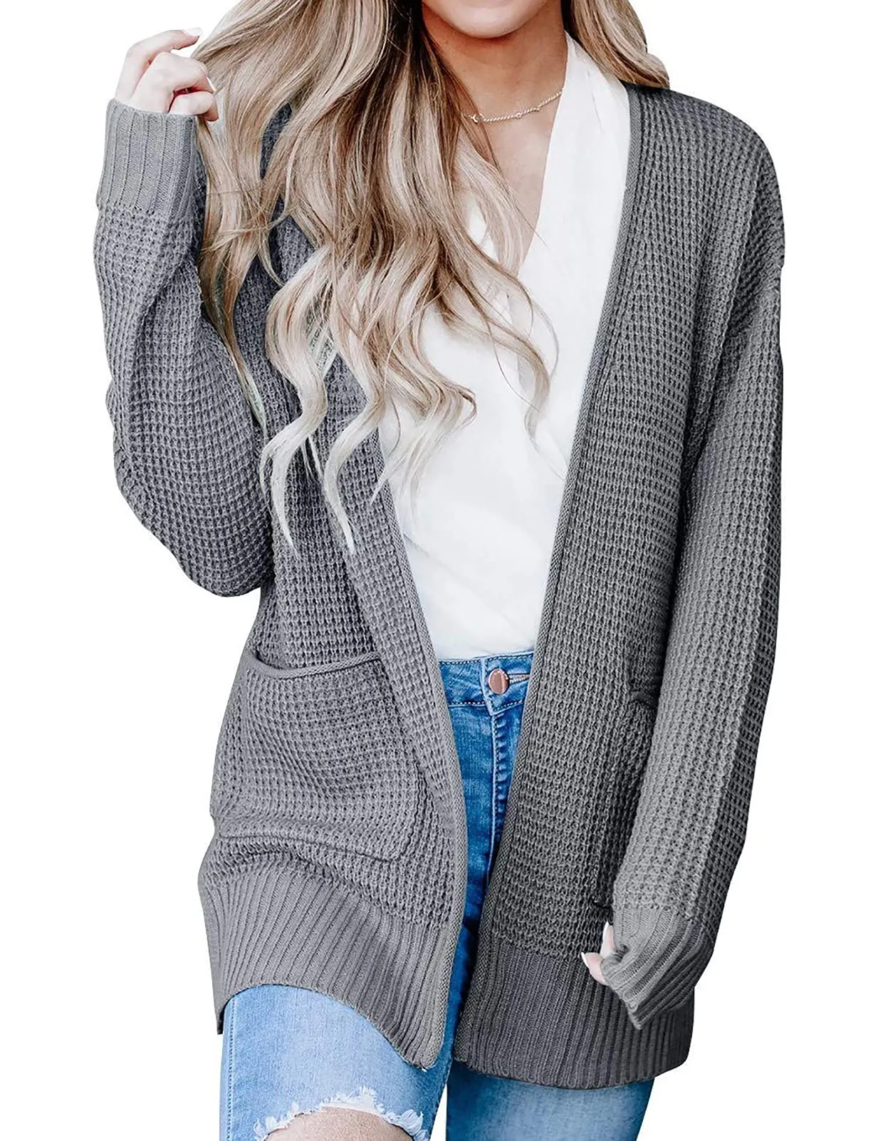 ZESICA Long Sleeve Open Front Waffle Knit Sweater Cardigan